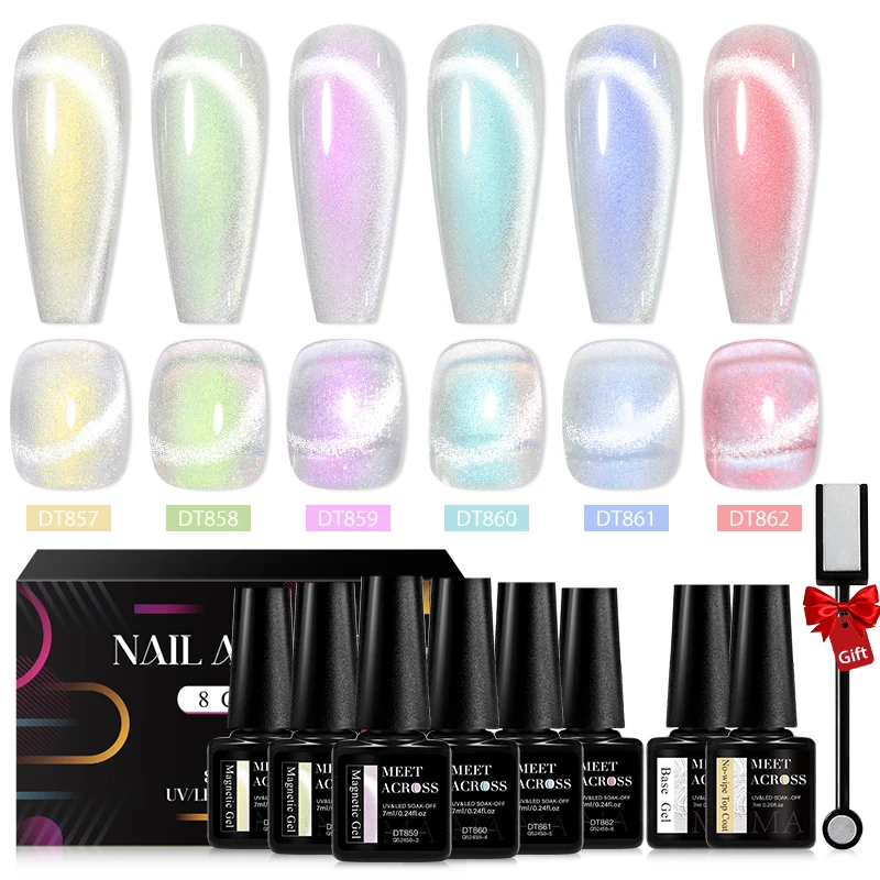 MEET ACROSS 8Pcs/Set 9D Rainbow Cat Magnetic Gel Nail Polish With Magnetic Stick And Box Soak Off Nail Art Gel Varnish Manicure