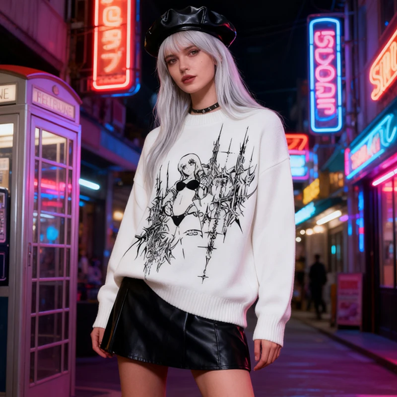 

Neutral Gothic Dark Anime Girl Thorn Printed Loose Hoodie for Men and Women, Emotional Punk Aesthetics, Street Warmth Knitwear