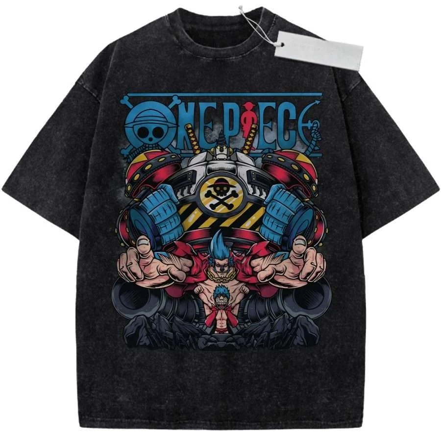 Unisex Schwarzes Gewaschenes Vintage T-Shirt One Piece Franky Cyborg Mecha Hochwertige Stoffqualität für Fitness Freizeit Shopping