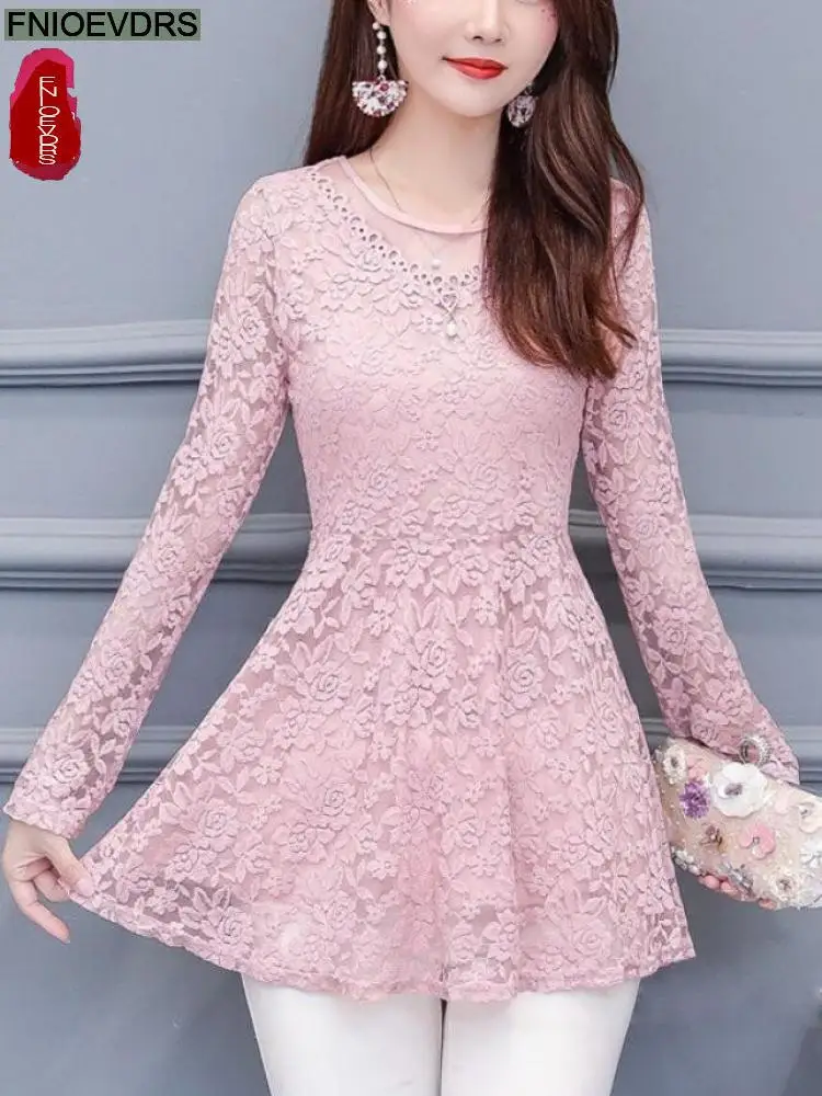 2022 Spring Autumn Basic Shirts Hollow Out Lace Ribbon Peplum Tops Hot Sales New Fashion Women Long Sleeve Ruffles Tunic Blouses