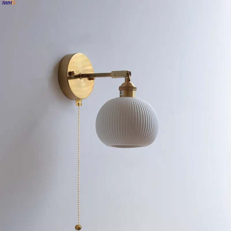 IWHD Globe White Ceramic LED Wall Lamp Sconce Living Dining Room Pull Chain Switch Rotate Copper Bathroom Mirror Light  Lamparas