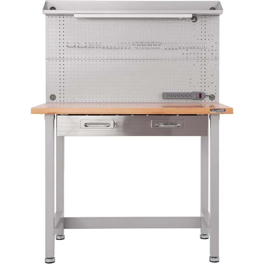 Workcenter de pegboard iluminado por LED com sortimento de 23 ganchos e mesa de gaveta, 48", cinza granito