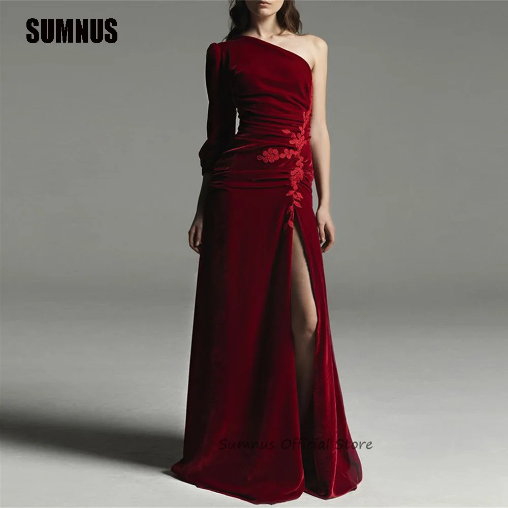 

SUMNU Elegant Velvet One Shoulder Prom Dresses Appliques Long Sleeve Sexy Evening Dress Dark Red Split Formal Prom Gowns Outfits