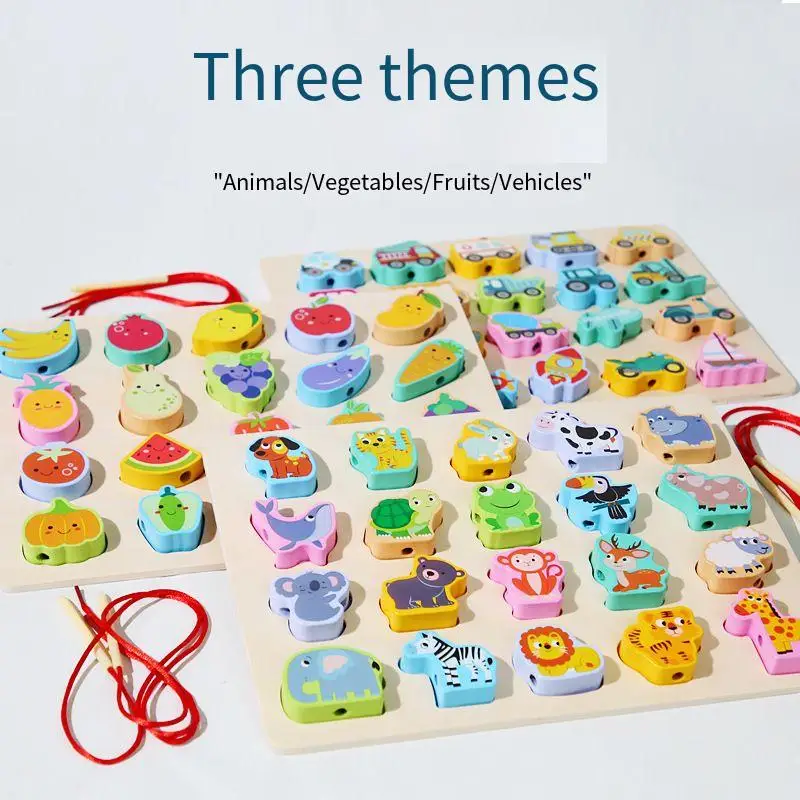 New Children Wooden Toys Baby Diy Toy Cartoon Fruit Animal Traffic Stringing Threading Wooden Beads Toy Educational For Kids