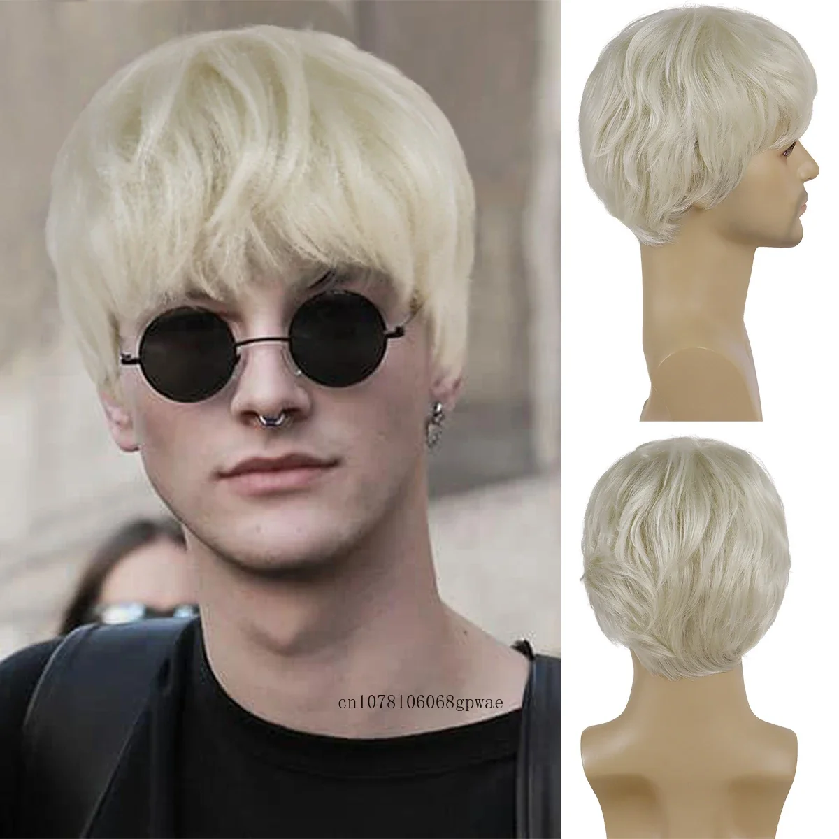 

Mens Platinum Blonde Wig Synthetic Cosplay Anime Costume Short Natural Soft Wigs with Bangs Heat Resistant Fiber Daily Party Use