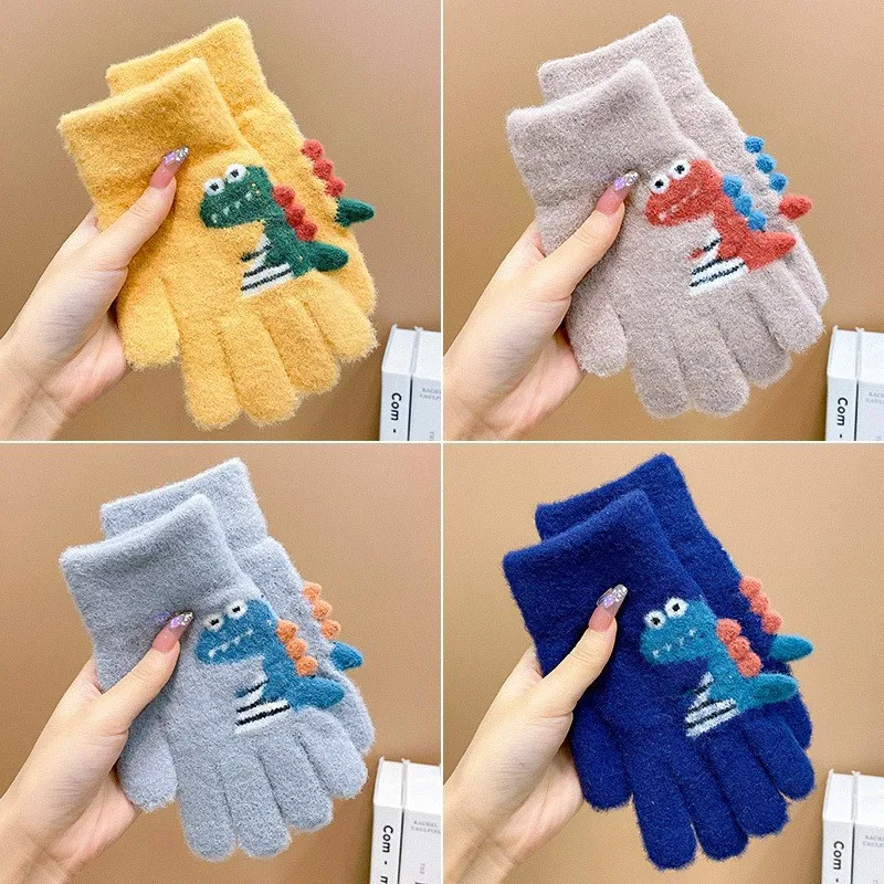 4-8 Year Old Winter Children\'s Thick Knitted Gloves Cartoon Dinosaur Warm Plush Children\'s Winter Children\'s Finger Gloves