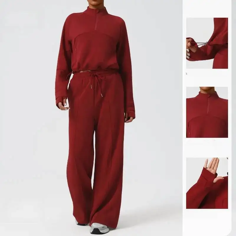 

Женский теплый широкий брюки с высокой талией для йоги, комплект толстовки для спорта на открытом воздухе, бега, повседневный спортивный костюм