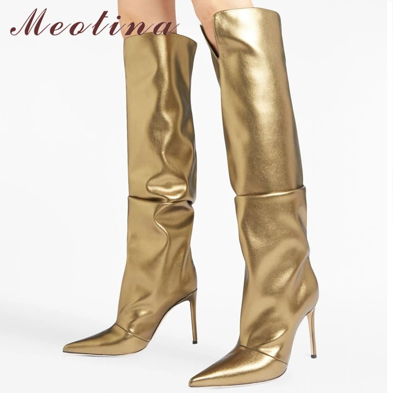 

Meotina Women Knee High Long Boots Pointed Toe Thin High Heels Pleated Metallic Boots Ladies Fashion Shoes Autumn Winter Gold 43
