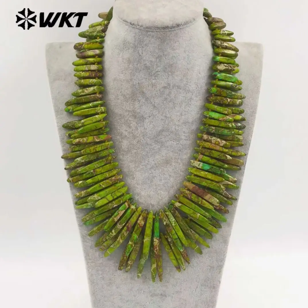 

WT-N1503 Индивидуальный аксессуар из специальной зеленой океанской яшмы, маленькое длинное каменное двухслойное ожерелье ручной работы