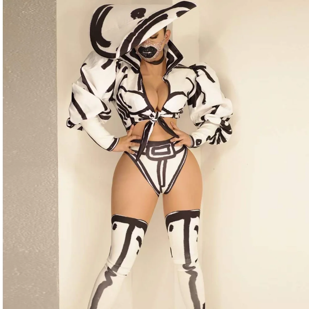 

Singer Dancer Black White Print Stage Wear Peformance Clothing Jazz Disco Bar Party Nightclub Outfit Women Gogo Costume Sets