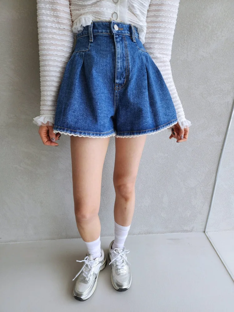 

High Waist Patchwork Lace Trim Denim Shorts Women's Washed Pleated Slimming Wide Leg Hot Pants Summer Casual Jeans
