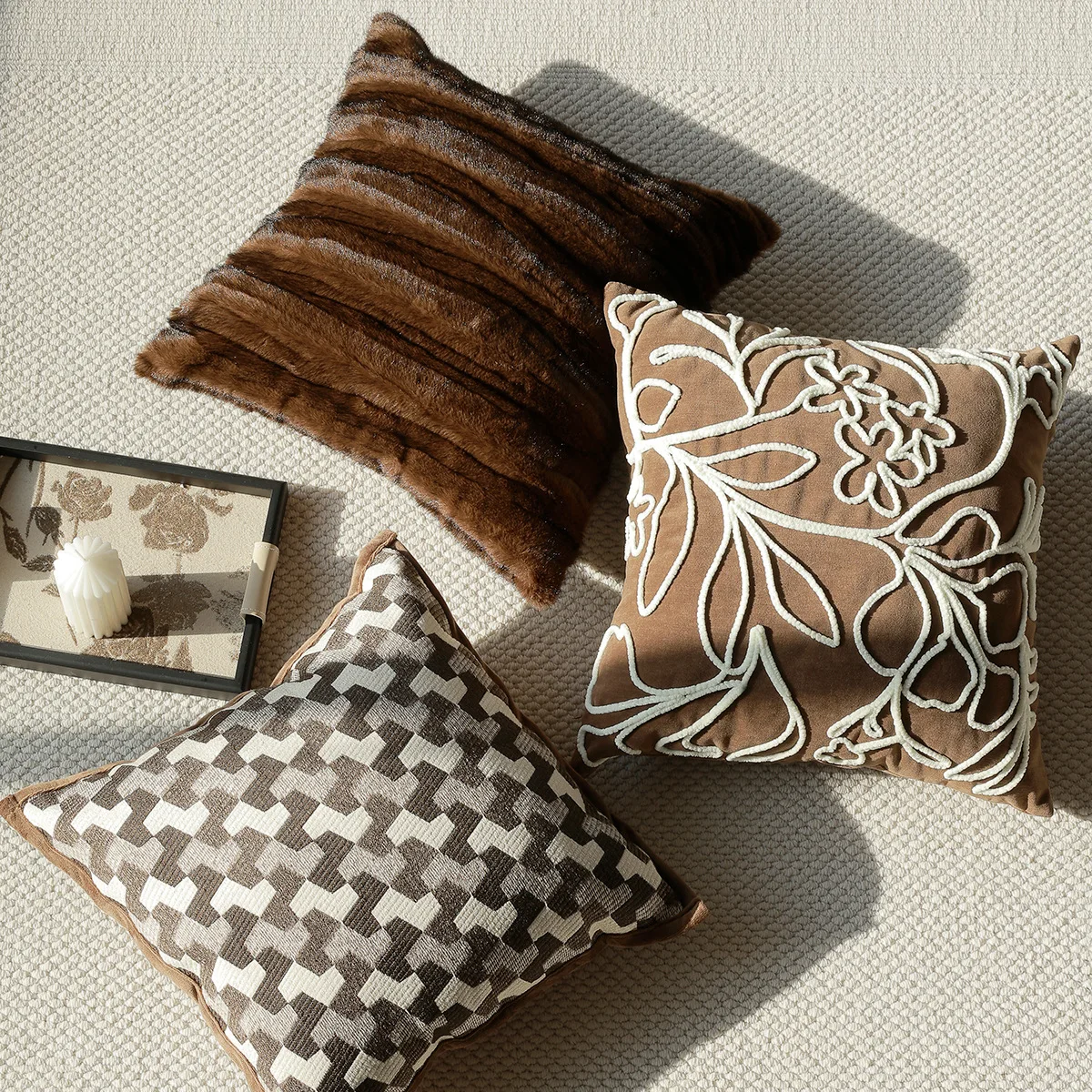 45x45cm Nordic brown sofa throw pillowcase high-end style living room jacquard window model room cushion cover waist pillow