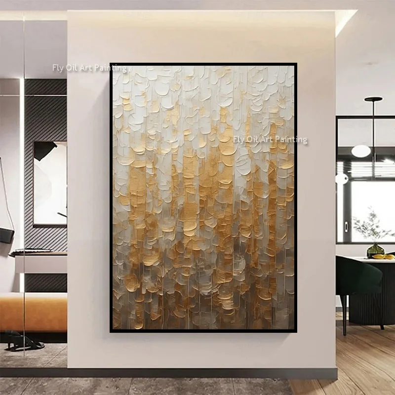 Original Hand Painted Gradient Gold White Canvas Art, Layered Petal Sculpture Texture Contemporary Luxury Wall Hanging