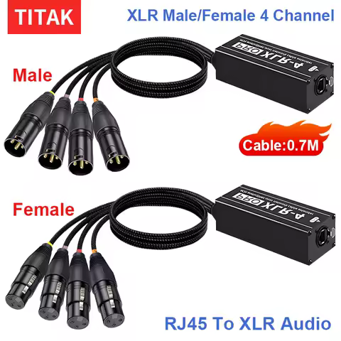 RJ45 CAT5 Ethercon to 4 Channel 3Pin XLR Audio/DMX over Network Cable Extender for Stage Sound Lighting and Recording Studio
