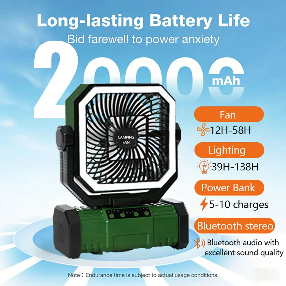 Outdoor Camping Fan 20000mAh Oplaadbare ventilator met LED-lantaarn en afstandsbediening voor vissen, reizen, 4 snelheden, 8 uur timer, ophanghaak