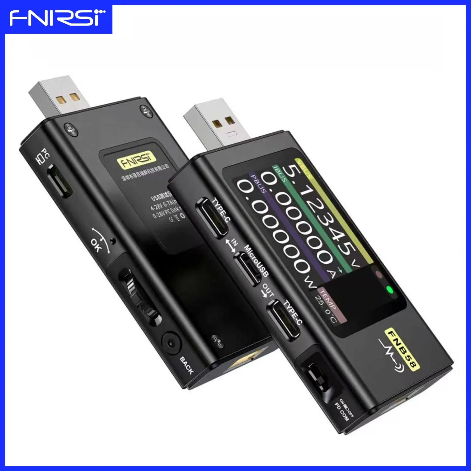 

FNIRSI FNB58 USB Tester Voltage Current Power Meter Type-C Fast Charging Protocol Data Cable Detection Ripple Measurement