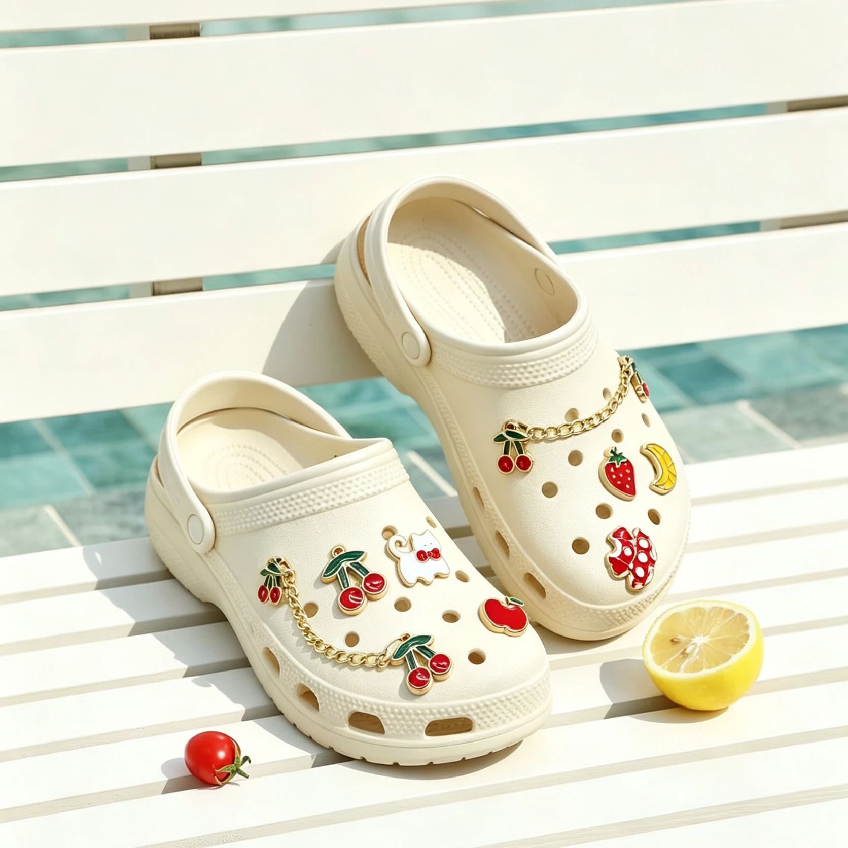 8pcs Cute Fruit Animal Shoe Charms Set with Golden Chain - Sandals Women's Decorative Enamel Accessories Gift