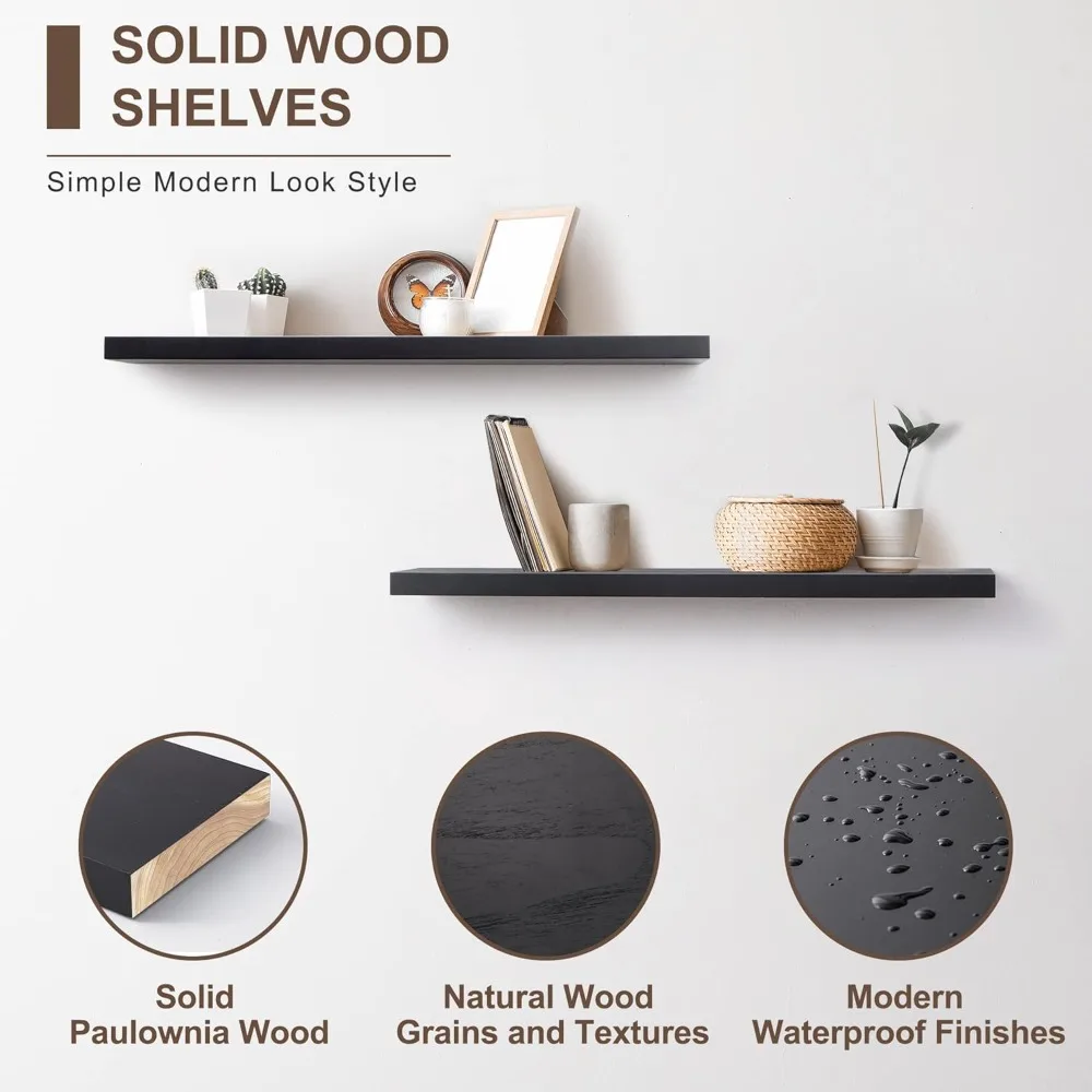 Black Floating Shelves for Wall-36 Inch Lightweight Wood Wall Shelves Set of 2-Floating Black Shelves for Storage Display Ledges