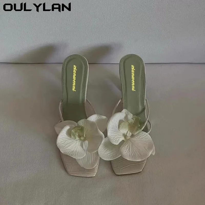 Oulylan Sandalias de tacón alto de lujo para mujer, zapatillas de tacón alto con punta de flor de estilo elegante, zapatos informales de verano para mujer