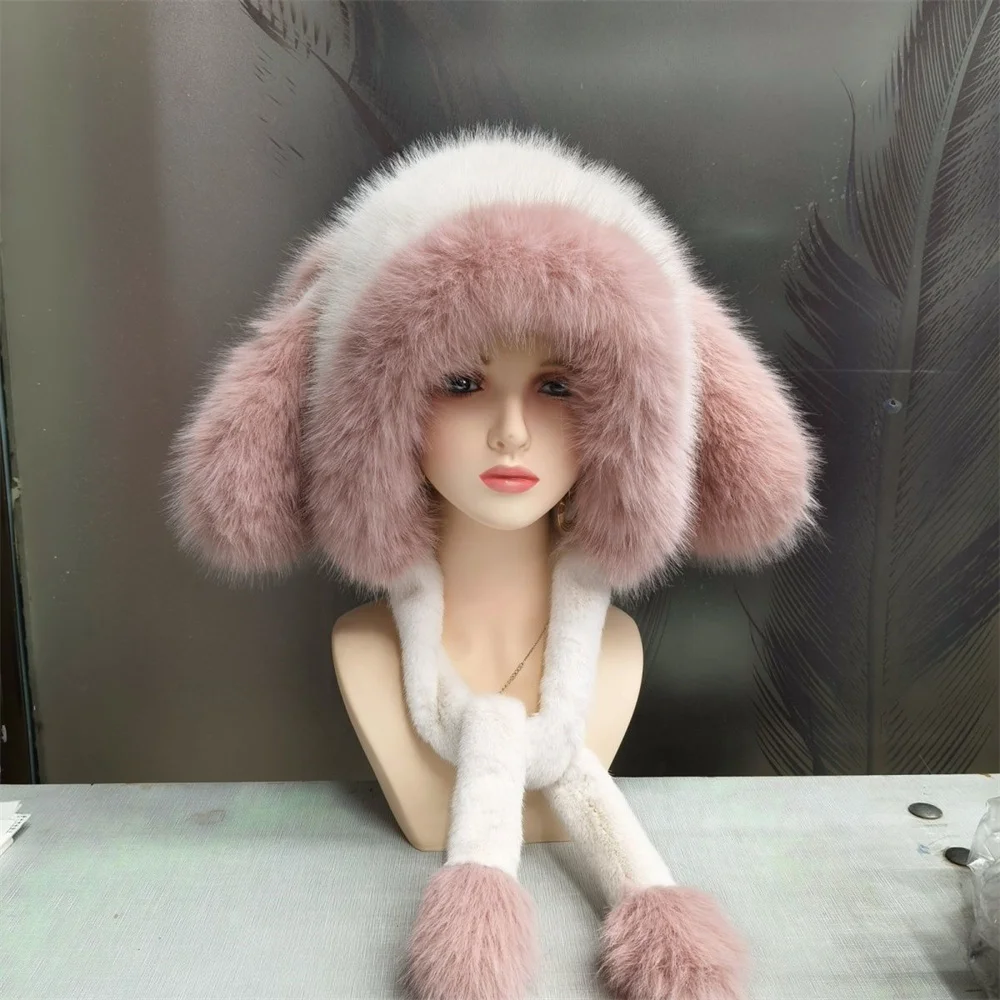 Winter Sales Earflap Hat Cute Plush Faux Fur Hats for Woman Beanie Cap Fluffy  Hat Cap Ears Warm Hood Scarf and Ear Women's Hat