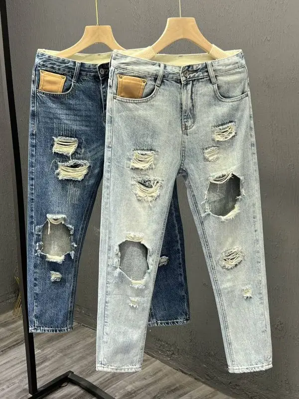 

Trendy Men's Distred Denim Jeans Summer New Sle Korean Version Slim Straight Loose Nine-Piece Pants Wear-Resistant Long ...