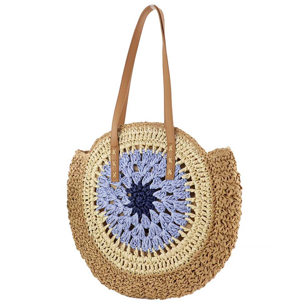 Round Casual Tote Bag with Zipper Closure Vacation Bag Trendy Large Woven Beach Bag Holiday Travel Handbag for Women and Girls