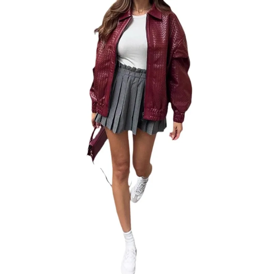 الصلبة اللون سستة سترة جلدية الأوروبية والأمريكية الرجعية الساخن بيع الشارع سترة جلدية المرأة عادية
