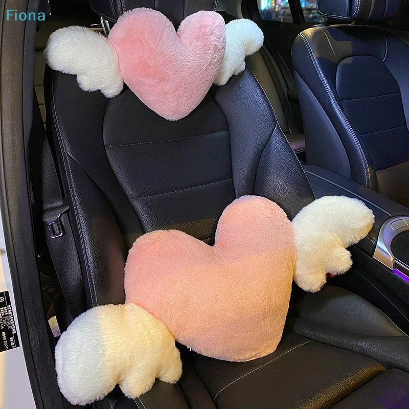 ✔ Niedliches Rosa Herz Engelsflügel Auto-Nackenkissen Lendenkissen Weiches Plüsch-Komfort-Autositzkissen Auto-Innenausstattung Dekoration