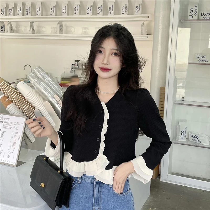 Y2K Black Women Crop Shirts Korean Sweet Ruffles Loose Flare Long Sleeve Female Blouse Fashion New Patchwork Ladies Casual Tops