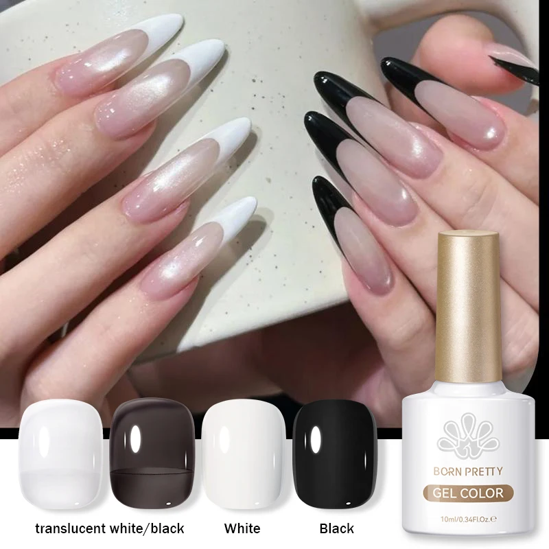 BORN PRETTY 10ml Schwarz-Weiß Gel-Nagellack, transparenter schwarzer, milchig-weißer Jelly Nude Nagellack für alle Jahreszeiten