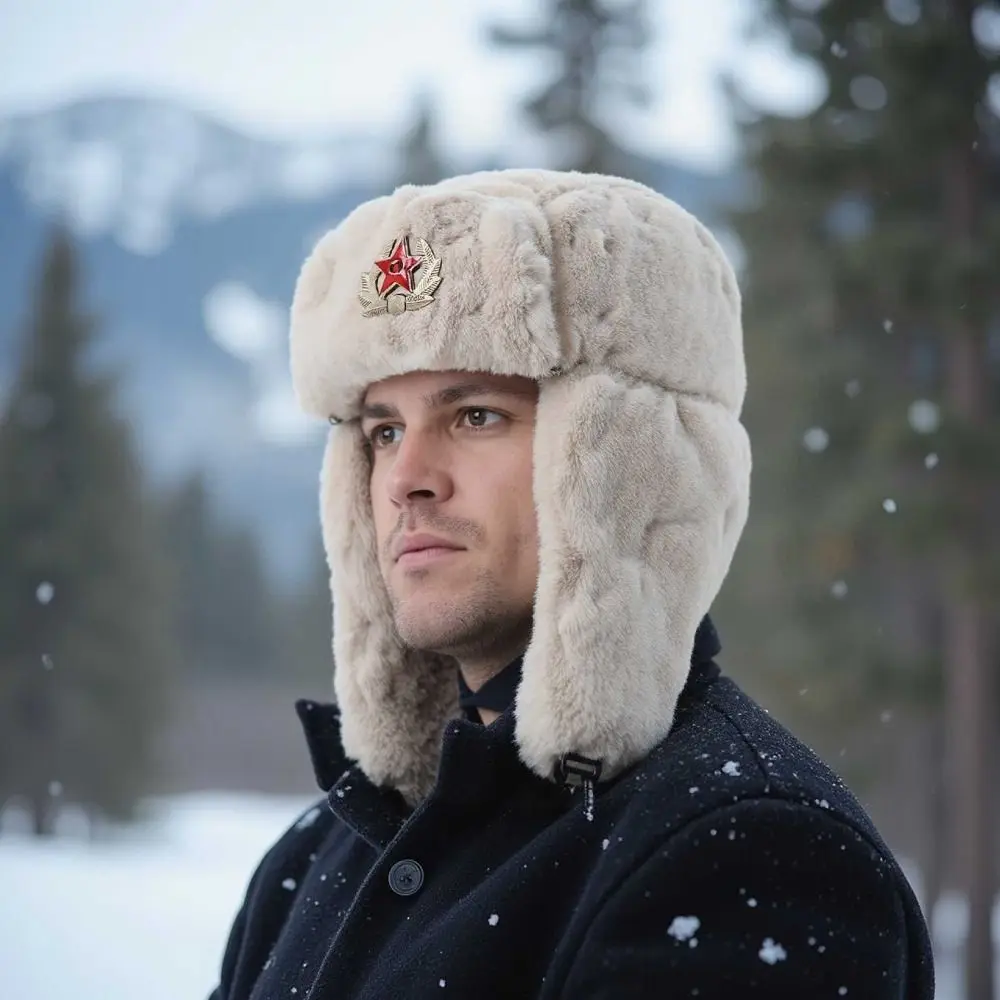 Faux Fur Ushanka Hat Windproof Badge Detail RussianTrapper Hat Ear Protection Thermal Insulation Earflap Hat For Men Women