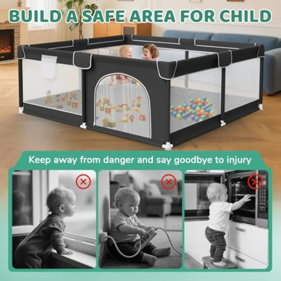 Kojec dla niemowląt i małych dzieci 71x59 cali - Bardzo duży kojec do zabawy dla dzieci do użytku wewnątrz i na zewnątrz z miękką, oddychającą siatką i zewnętrznym otwartym przegrodą.