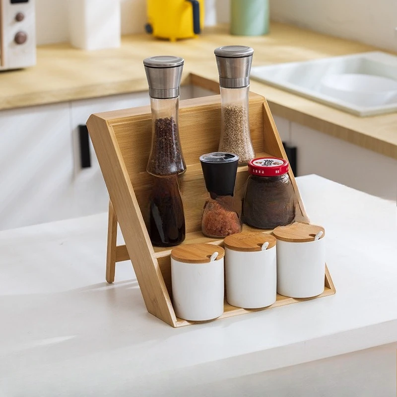 Bamboo Multi-Layer Seasoning Kitchen Shelf Table Top Spice Stepped Wooden Bottle Jar