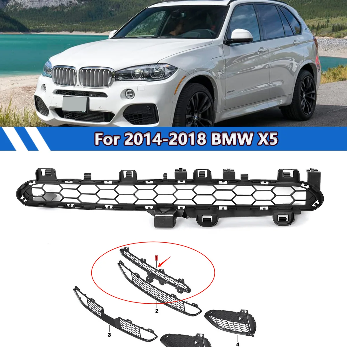 

For BMW X5 XDrive35i 50i 40e 2014-2018 M Sport Front Bumper Upper Grille Centre Grille Grill Mesh 5118054013 Honeycomb Style