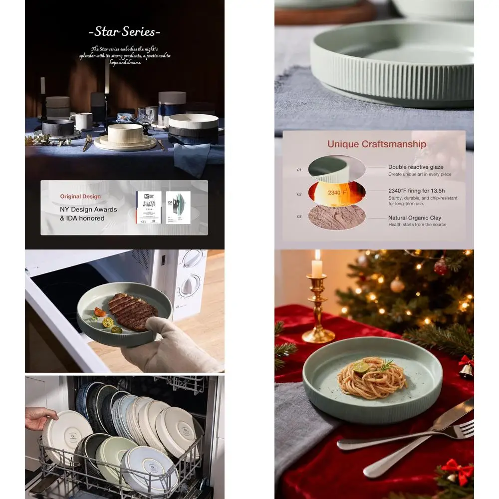 

Set of 6 Large Pasta Bowls, Light Green Dinner Salad Bowls, Shallow for Eating