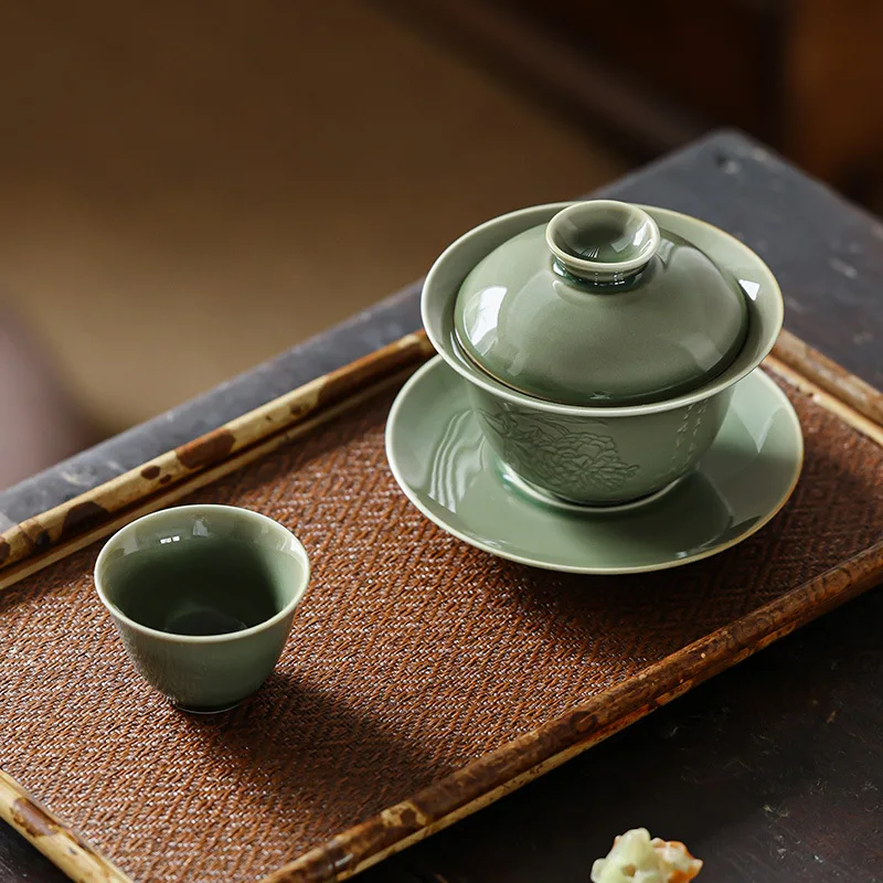 Yue Kiln Celadon Folded Branches Cover Bowl Teacup Chinese High-end Not Hot Three-way Tea Bowl Gaiwan
