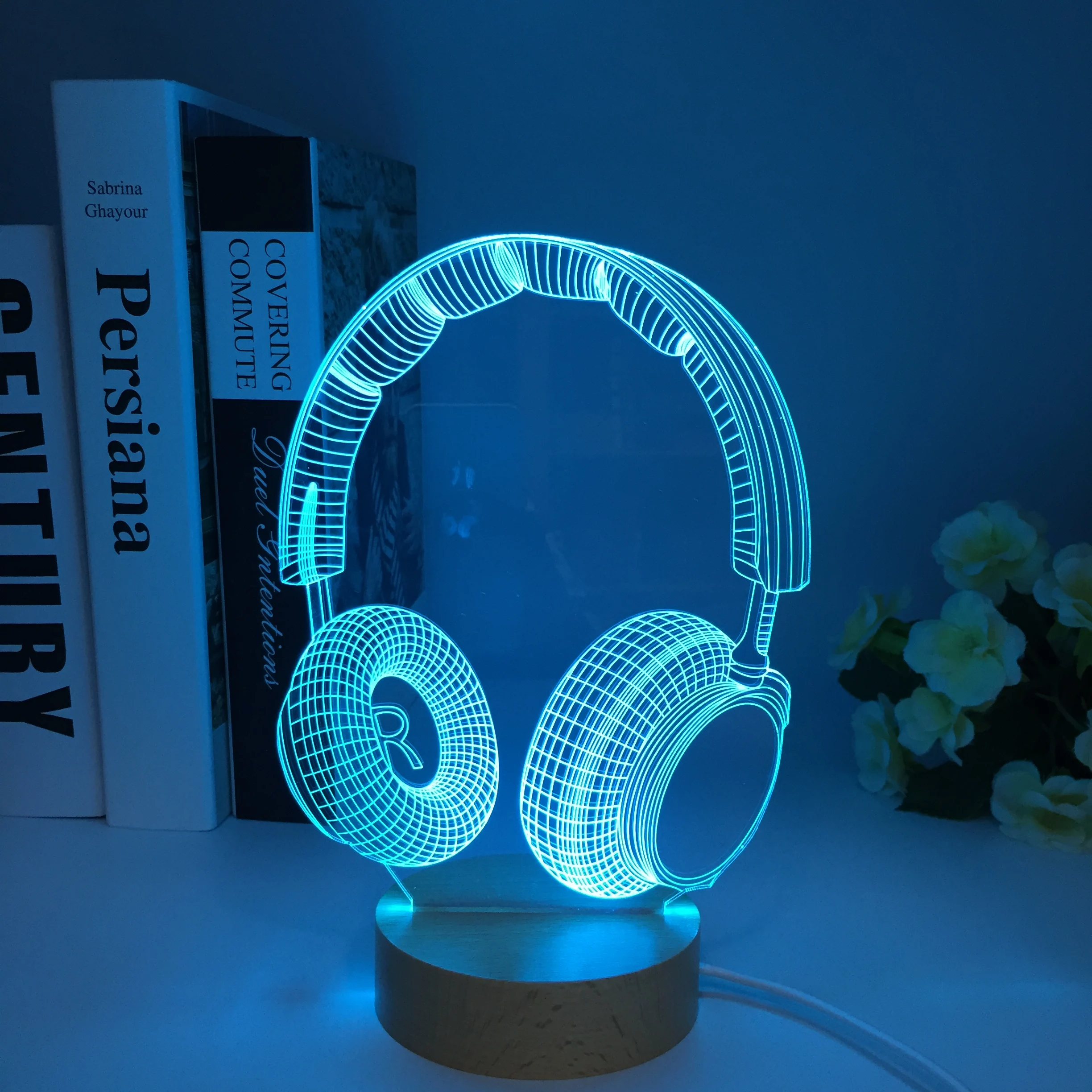 Wooden 3D Earphone Headphone Illlusion Lamp Studio Monitor Headset Music Earphone 3d Night Light Colors Bedroom Table Lamp