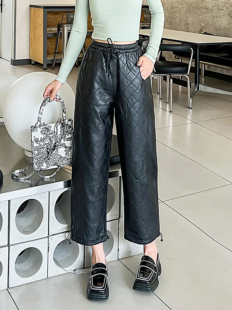 

Winter Thickened Warm Genuine Leather Harem Pants Women Adjustable Hems Wide Leg Pants Elastic Waist Sheepskin Trousers Y4445