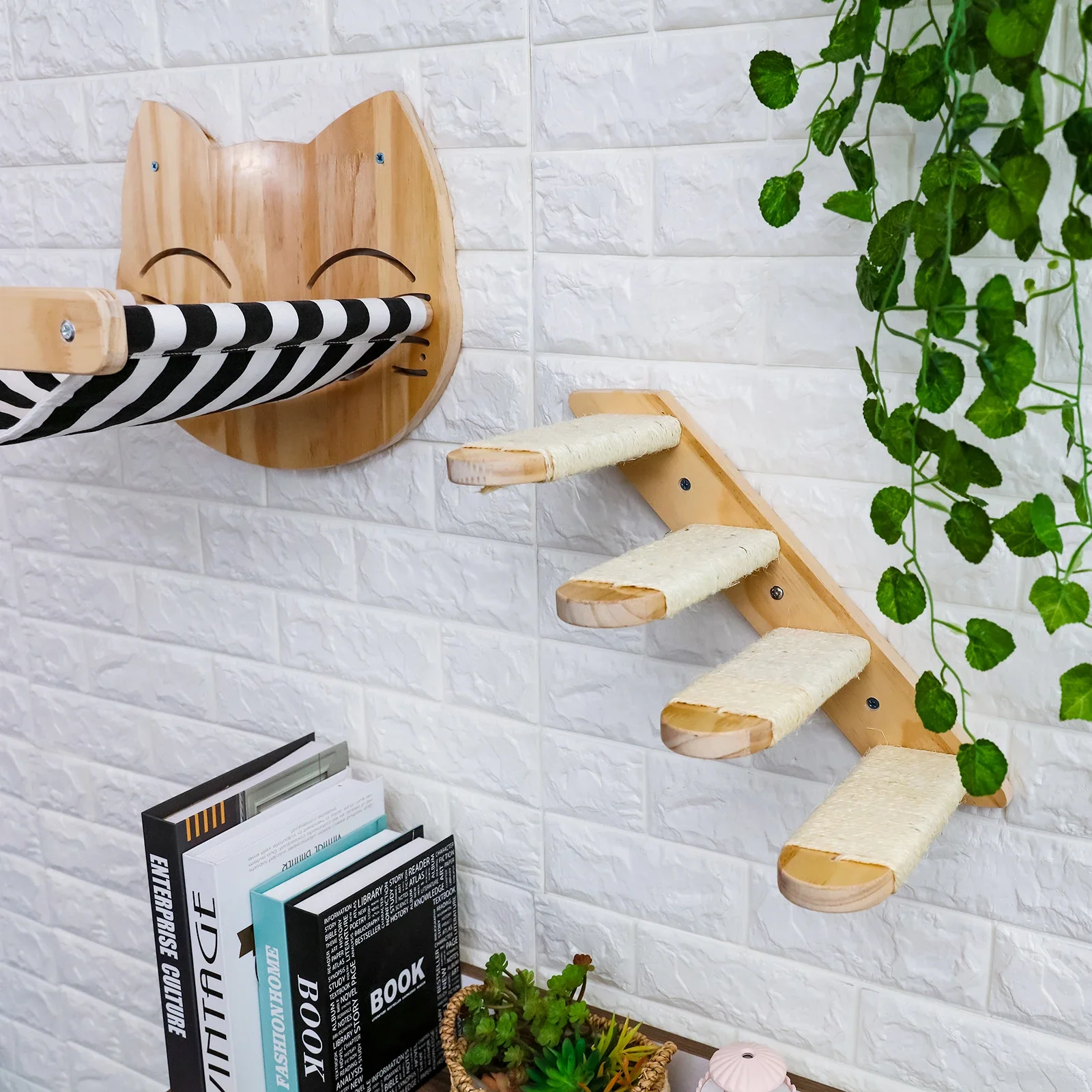 Cat Hammock Wall Mounted Cat Climbing Shelf Four Step Stairway for Climbing Sleeping Playing Lounging Perching Pet Furniture