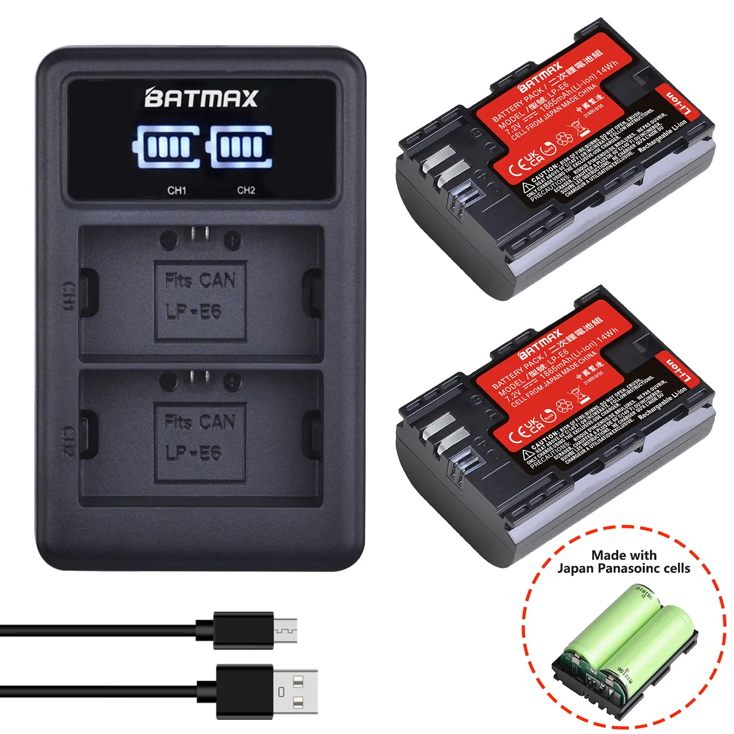 2Pcs Japan Panasonic Zelle LP-E6 LP-E6N Batterie + LED Dual USB Ladegerät für Canon EOS 6D 7D 5DS 5DSR 5D Mark II 5D 60D 70D