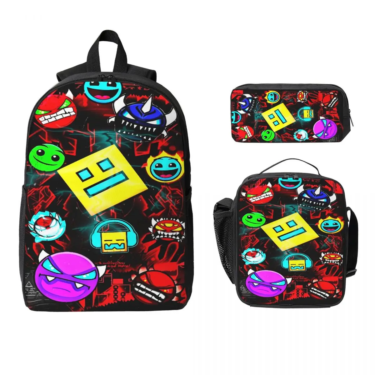 

Geometry Dash Gaming Meme Kids Backpack Lunch Box Pencil Boxes for Boys Girls Backpacks Schoolbag Bookbag Set