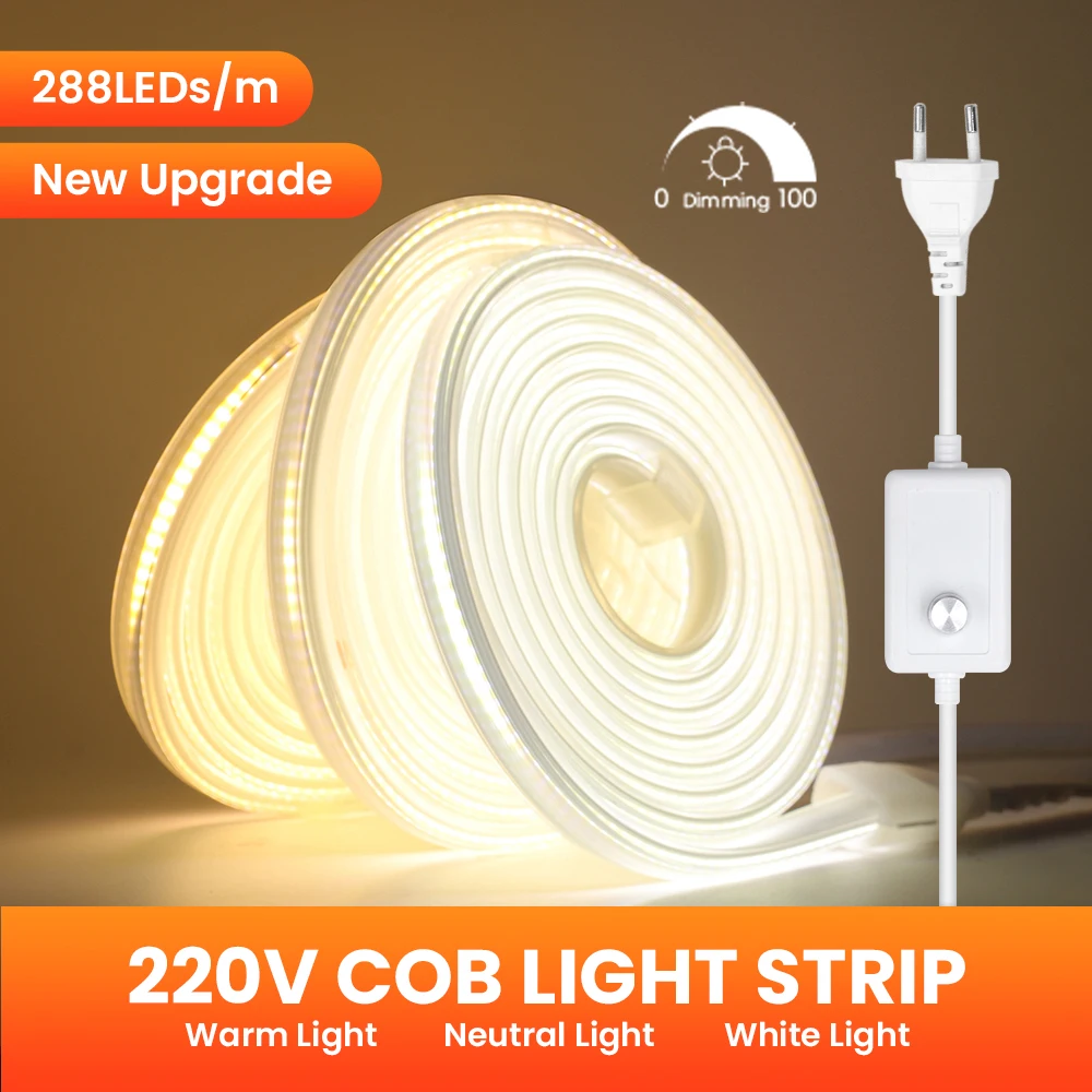 COB LED Strip AC 220V Waterproof 288Leds/M Warm/Natural/Cool White Garden Decor Flexible Ribbon Tape Light Strip