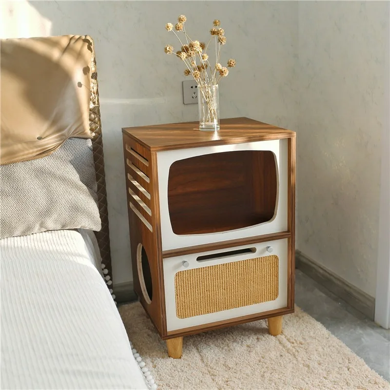 Creative solid wood cat shared bedside cat cabinet, retro TV cat nest sisal bed