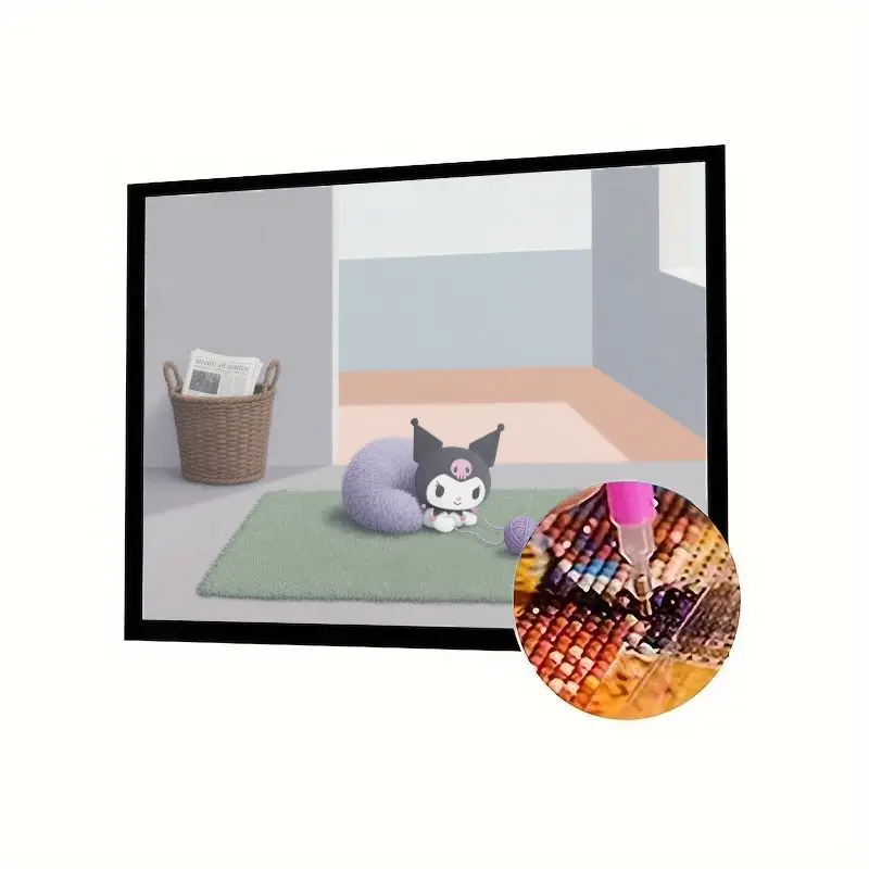 

DIY 5D Diamond Painting Kit, Cute Cartoon Kuromi-Style Fluffy Black & Purple Cat Playing with Yarn on Green Rug, Full Drill Rhin