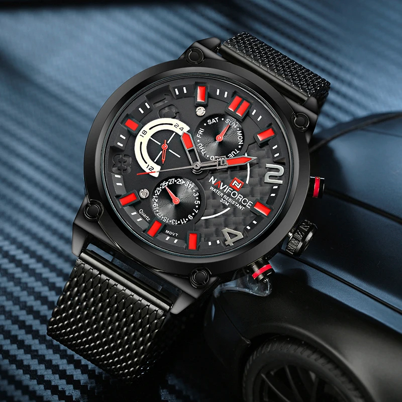 NAVIFORCE Luxury Brand Men Sport Watches Multi-Function Mesh Steel Band Male Wristwatch Military Quartz Man Clock Relojes Hombre