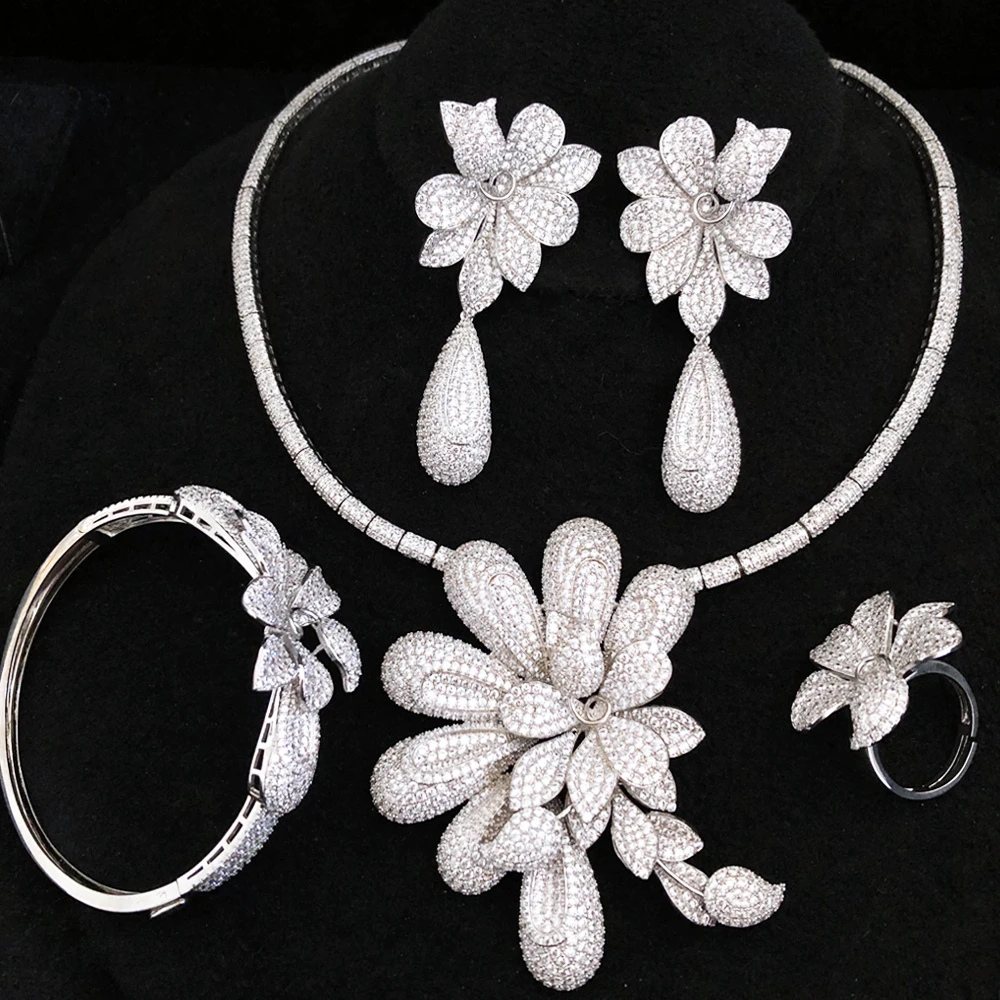 Missvikki Luxury Big Flower Trendy Necklace Bangle Earrings Ring Luxury Nigerian Dubai Jewelry Sets For Wedding Bridal Jewelry