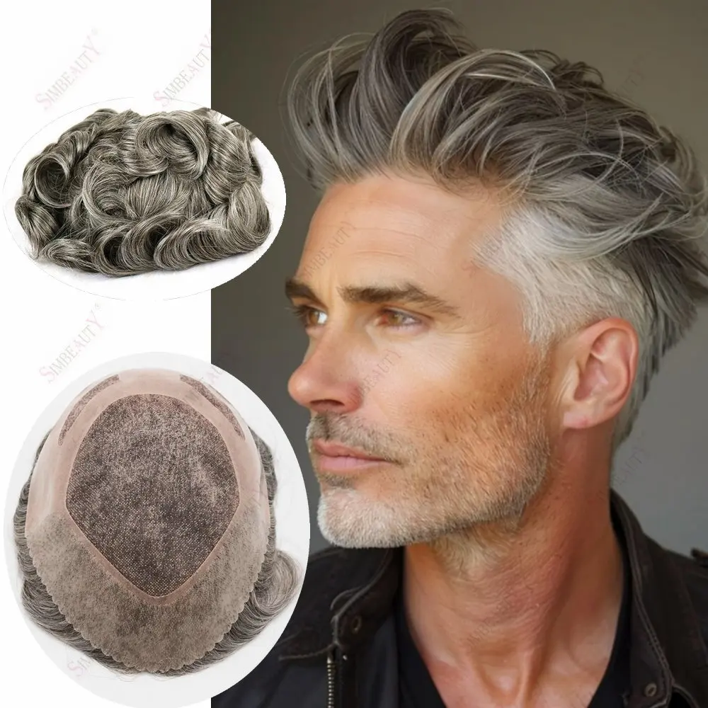

Super Durable Bond Mono NPU Base550Grey Brown Hair Old Men‘s Hairpiece Real Human Hair Toupee Men's Hair Replacement System