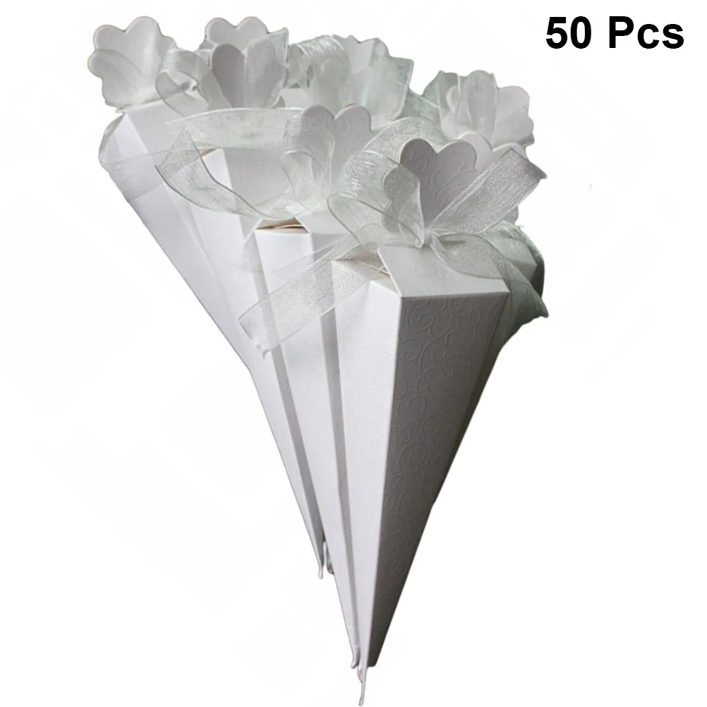 

50pcs White Ice Cream Cone Shape Wedding Candy Box Triangle Design Chocolate Storage Case Delicate Treat Box Party Favor Paper P