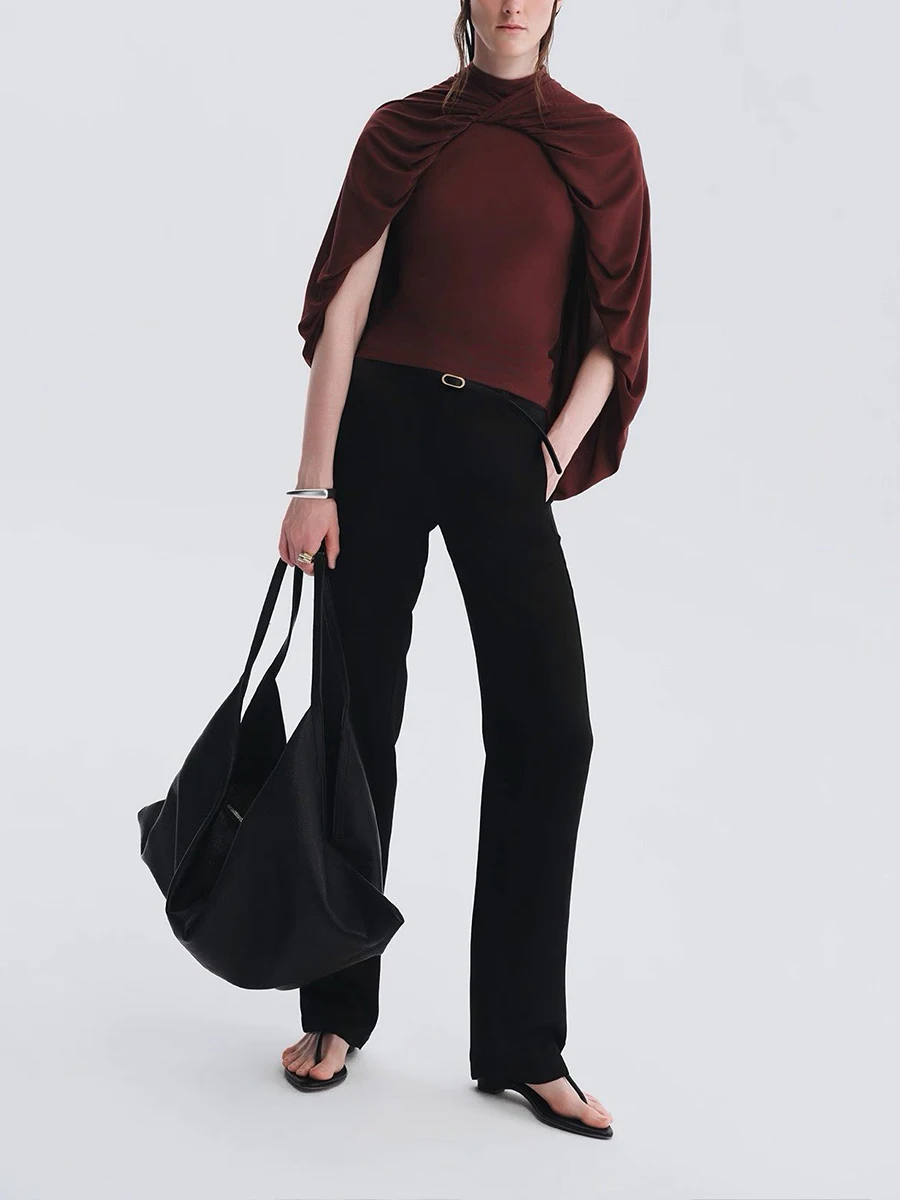 TWOTWINSTYLE Mock Neck Batwing Cape Blouse for Women Loose Draped Irregular Hem Back Button Decent for Casual Office Tunic Top