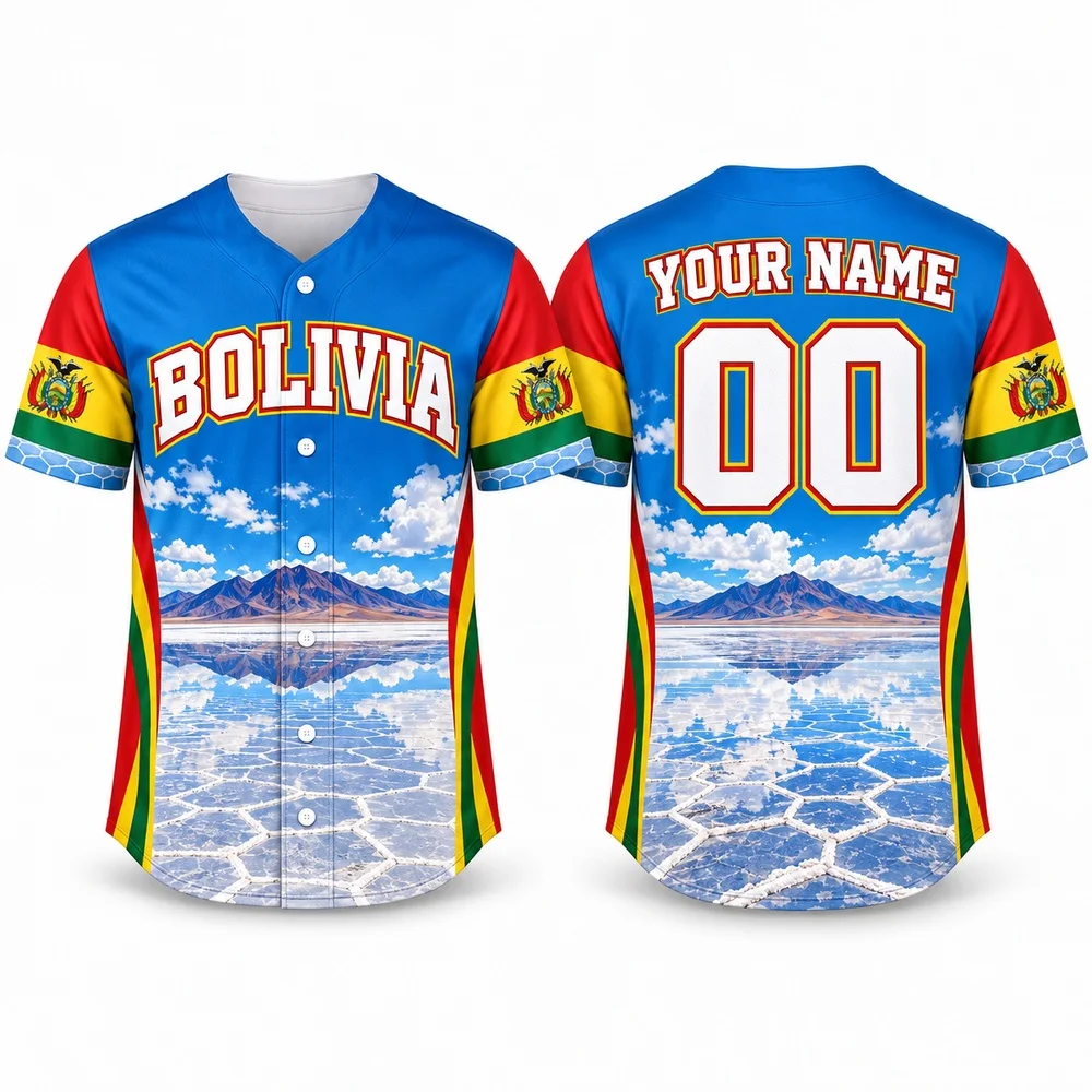 Bolivia Red Yellow Green Baseball Jersey with Andean Art Personalized Jerseys Shirt Custom Name Number Shirts for Guests